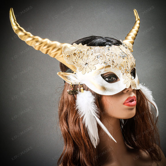 Krampus Gold Horn Lace  Animal Devil Women Mask - White - Picture 4 of 10